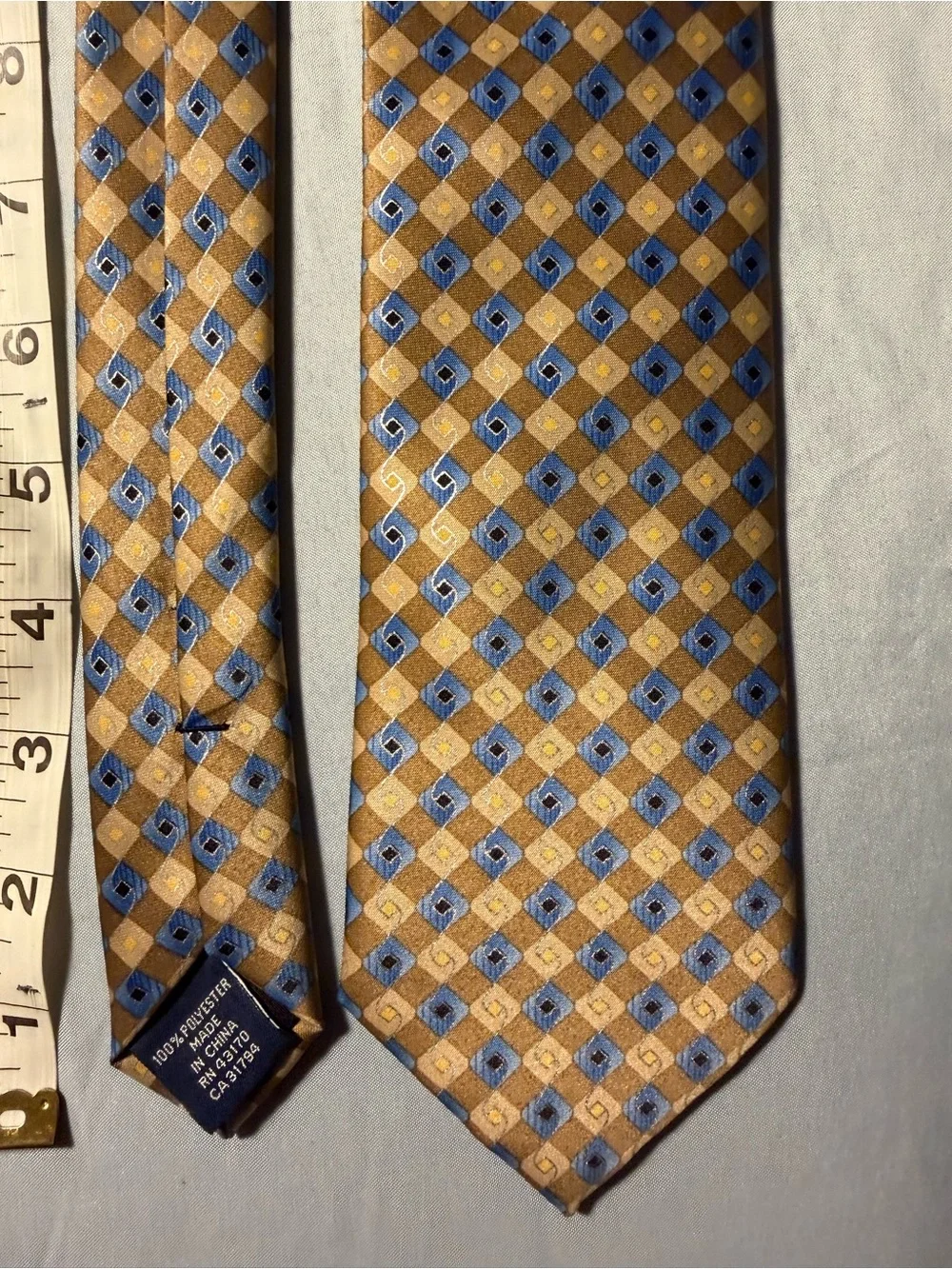 John Ashford Mens Gold and Blue Geometric Silk-Feel Tie